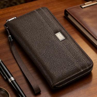 Imagem de Carteira masculina, bolsa de mão longa de couro PU de grande capacidade com bolso para telefone, organizador de negócios durável com bloqueio RFID (café escuro)
