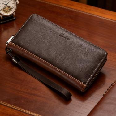 Imagem de Carteira longa retrô para homens, carteira de couro com zíper único com grande capacidade e vários compartimentos para cartão, organizador vintage com bloqueio de RFID para estilo clássico (marrom