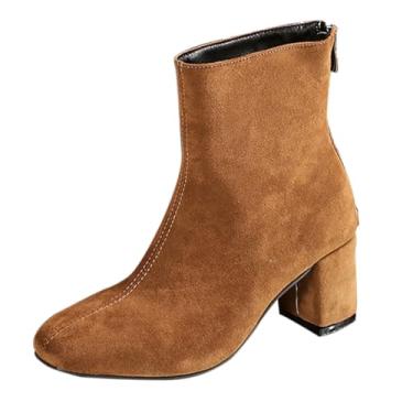 Imagem de Bota feminina de inverno casual plus size confortável bico quadrado curto zíper traseiro salto médio camurça, Marrom, 36
