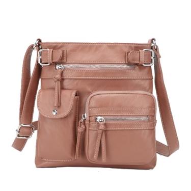 Imagem de KouLi Buir Bolsa tiracolo feminina, bolsa de couro com alça ajustável, bolsa de ombro leve com bolsos com zíper, rosa