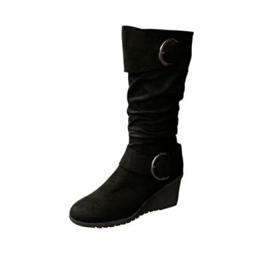 Imagem de Botas femininas casuais de inverno plus size plissadas na altura do joelho cor sólida bico redondo zíper lateral sola grossa salto plataforma, Preto, 38