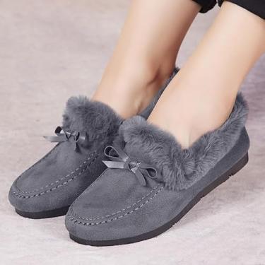 Imagem de Mocassim feminino de inverno com forro fofo, antiderrapante, para uso ao ar livre, casual, quente, cano baixo, moderno, sem cadarço, nó, Cinza, 35