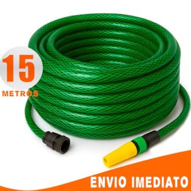 Imagem de Mangueira de Jardim Trançada Reforçada com Esguicho | PVC Alta Pressão | Completa(15 Metros)