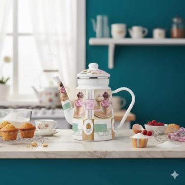 Imagem de Bule Esmaltado Vintage 1,2 Litros - Chaleira Retrô para Fogão de Indução, Chá e Café, Corpo em Ferro (Linha Cake)