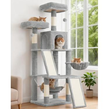 Imagem de Gitelsnour Árvore de vários níveis para gatos internos, torre para gatos com 2 tábuas de arranhar, 2 plataformas de enchimento de pelúcia, casa de condomínio para gatos com rede, cesta, cinza claro
