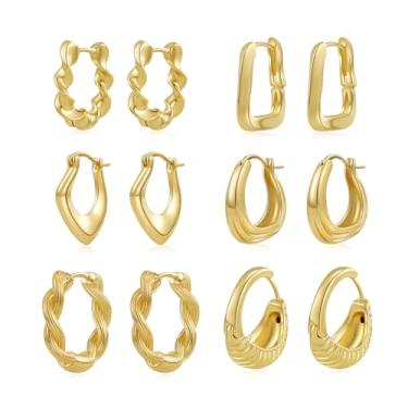 Imagem de JeHwuel Conjunto de 6 pares de brincos de argola de ouro para mulheres, brincos grossos banhados a ouro 14K, pacote variado, hipoalergênico, joia grossa, presente, Medium, Latão, Sem pedra preciosa