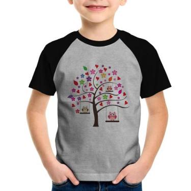 Imagem de Camiseta Raglan Infantil Árvore Corujas - Foca na Moda, Cinza, Preto, 