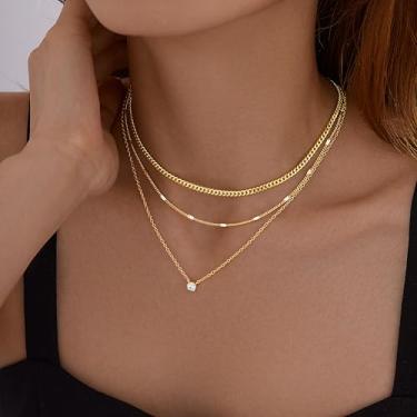 Imagem de Colar feminino em camadas de ouro 14K, banhado a prata esterlina com pingente delicado com círculo de zircônia cúbica, gargantilha de corrente cubana empilhável grossa