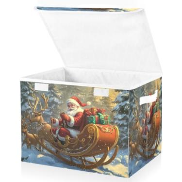 Imagem de Blueangle Cestos de armazenamento de renas de Papai Noel com tampas, 42 x 32 x 30 cm, grande cesta organizadora dobrável para decoração de escritório e armário (232)