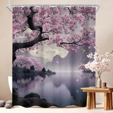 Imagem de Cinbloo Cortina de chuveiro japonesa 60Lx72H árvore de cerejeira montanha enevoada asiática rosa e cinza floral refletido no lago calmo anime conjunto de cortina de banheiro natureza acessórios de