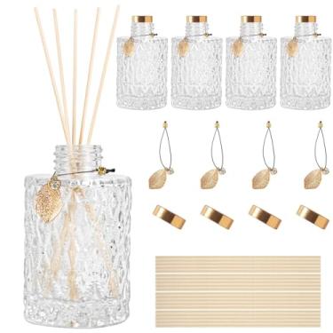 Imagem de Frascos difusores de palheta de vidro para casa, frascos difusores com 20 varetas de difusor de palheta, vasos de flores vintage em relevo estilo boticário com tampas de cortiça, conjunto de 4 (133 g)