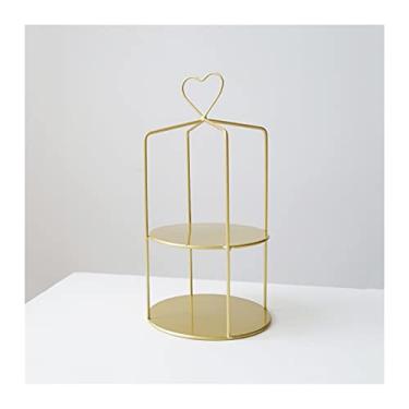 Imagem de Suporte de bolo de metal para bolo, balcão duplo de sobremesa, chá da tarde, cupcake, bandeja multiuso para servir frutas com alça para sobremesa (cor: branco) (ouro)