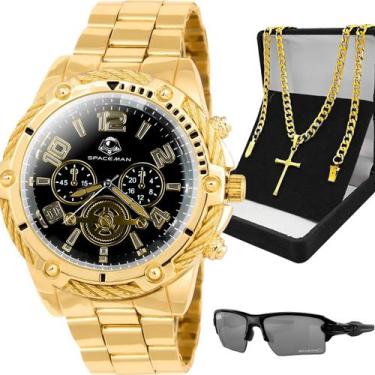 Imagem de Relógio Masculino Social Dourado com Cordão Corrente Pingente Cruz Ban