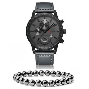 Imagem de Relógio Masculino Curren Militar Couro + Pulseira Hematita-Masculino