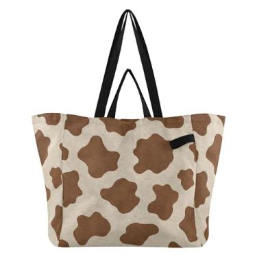 Imagem de SEHANY Sacolas de compras reutilizáveis com estampa de vaca marrom e branca com alças reforçadas, bolsa de compras de lona dobrável à prova d'água de grande capacidade para viagem, cozinha, praia