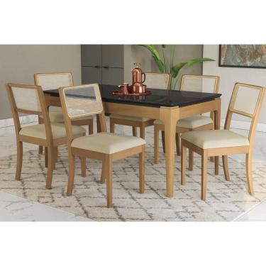 Imagem de Conjunto Mesa Mira Premium Madeira Maciça c/ Tampo Madeirado c/ Vidro 160x90cm e 6 Cadeiras Lola Carvalho/Preto - Linho Bege Argila Kappesberg