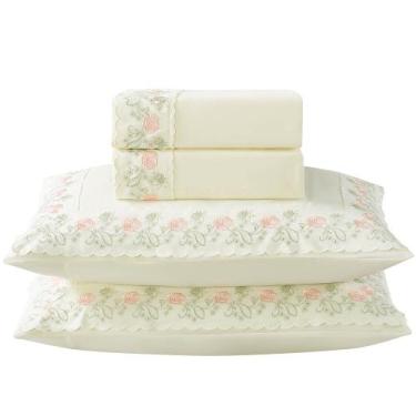 Imagem de Jogo Lençol Queen Flores Bordado 4pç 100% Poliéster - Rosas - Lilly Ho