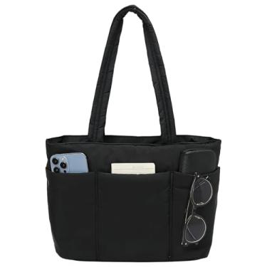 Imagem de Sacola acolchoada com zíper, bolsa de ombro leve para mulheres, bolsa de ombro para trabalho, viagem, academia, Preto, One Size