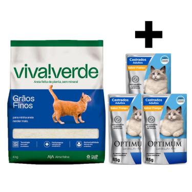 Imagem de Kit 1 unidade de Areia Higiênica Petfive Viva Verde Limpeza Plena para Gatos 4kg 3 unidades de Ração Úmida Optimum Sachê para Gatos Adultos Castrados