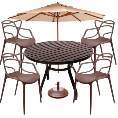 Imagem de Conjunto Piscina Alegra Mesa Ripada 1,20m Alumínio + 4 Cadeiras Alegra área Externa Marrom