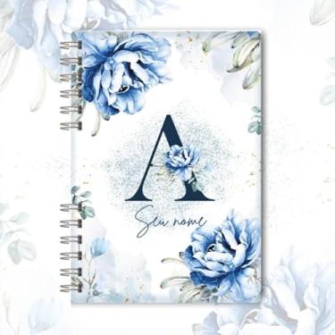Imagem de Caderno A5 floral azul capa dura personalizado com inicial e nome, caderneta para anotações, caderno de anotações pautado ou sem pauta para estudo, organização e uso diário (A)