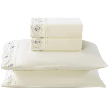 Imagem de Jogo De Lençol King Essenza 300 Fios Micropercal Bordado 4 Peças Palha Ramo Lilas