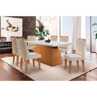 Imagem de Mesa Sala Jantar C/ Tampo Madeirado C/ Vidro Canto Reto 180cm 6 Cadeiras Athenas Imbuia/veludo Creme