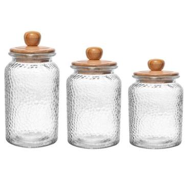 Imagem de Conjunto de 3 Potes de Vidro Martelado com Tampa Hermética de Bambu Wo