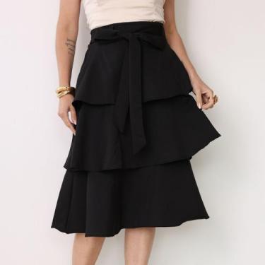 Imagem de Saia Feminina Três Maria Babado Midi Com Cinto Evangélica Cor:PretoTam