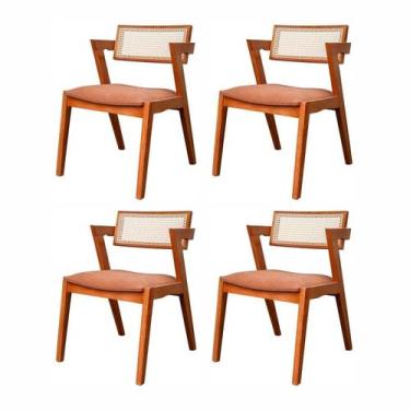 Imagem de Kit 4 Cadeiras Madeira Maciça, Rattan de Fibra 100% Natural e Estofada