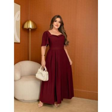 Imagem de Vestido Longo Feminino Elegante Manga Curta Cintura Marcada Festa Casa