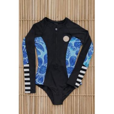 Imagem de Maiô Adulto Cavado Manga Longa Lycra UV50+ Preto c/ Floral Azul Tamanh