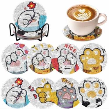 Imagem de Kit porta copos gatinhos diamond painting 8 peças c/ suporte - PPSHOP