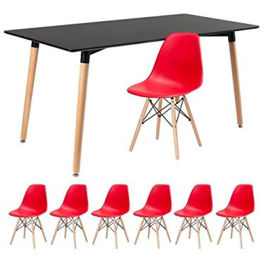 Imagem de Loft7, Kit - Mesa de jantar retangular Eames 80 x 160 cm preto + 6 cadeiras Eiffel Dsw Vermelho