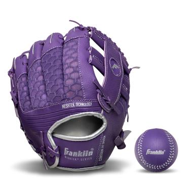 Imagem de Franklin Sports Conjunto de luvas e bola de Teeball – Luva de tebol Meshtek e espuma de beisebol – Roxo/Prata – 24,13 cm para mão direita