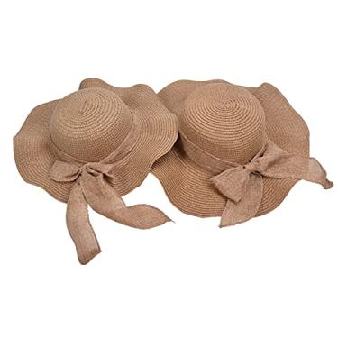 Imagem de Chapéu feminino de palha sol, 2 peças família verão praia chapéu para bebê para meninas(Chapéu de palha de pai e filho)