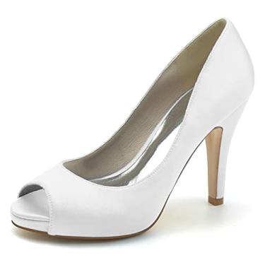 Imagem de Sapatos de noiva stiletto femininos escarpins de cetim marfim Peep Toe salto alto sapatos sociais,White,6 UK/39 EU