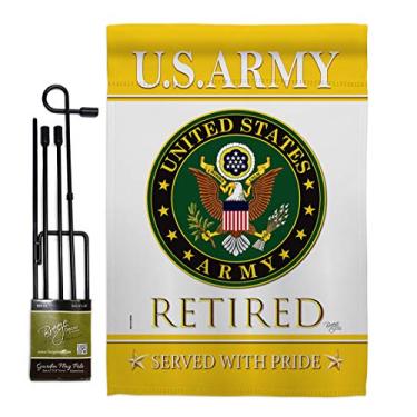 Imagem de Breeze Decor Conjunto de bandeiras de jardim do exército dos EUA com suporte Rangers das forças armadas dos Estados Unidos veteranos militares aposentados oficial bandeira decoração de casa pequena presente de quintal dupla face, feito nos EUA