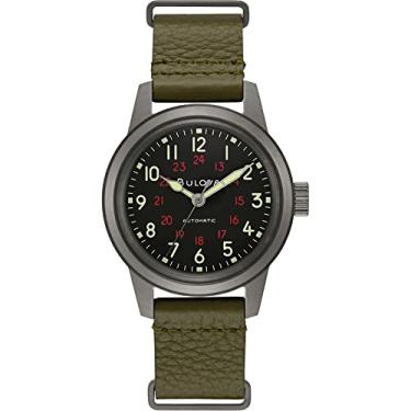 Imagem de Bulova Relógio automático masculino com 3 ponteiros de aço inoxidável cinza e estilo do mostrador preto com pulseira de couro verde da NATO, Verde, One Size, Pulseira de couro de aço inoxidável cinza automática militar