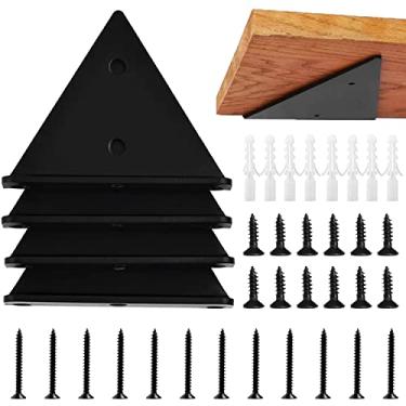 Imagem de Halyuhn Suportes flutuantes para prateleiras, 4 peças para pequenas prateleiras flutuantes de madeira, suportes de prateleira de parede de 10 x 7,6 cm com parafusos de âncora de 5 cm, conjunto de suportes de metal de carboneto preto para prateleira de madeira