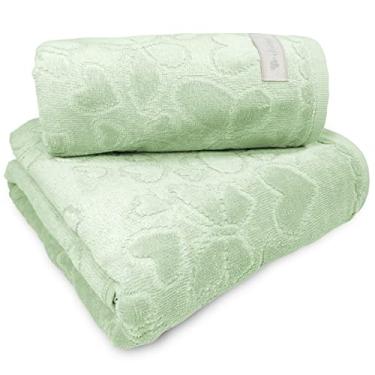 Imagem de Jogo de Banho 2 Peças Romance Dohler Aveludada 100% Algodão Toalha Fio Penteado Coração Borboleta - (Verde Claro 9503)