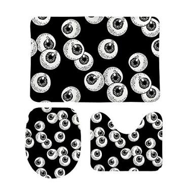 Imagem de My Daily Conjunto de 3 peças de tapete de banheiro divertido Eyeballs Halloween preto antiderrapante contorno tapete + tampa de vaso sanitário + tapete de banheiro