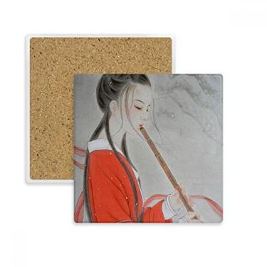 Imagem de Pintura chinesa vermelha com flauta de beleza chinesa quadrada porta-copos caneca suporte subplaca pedra isolante
