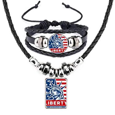 Imagem de Conjunto de joias com pulseira de couro com estampa de estátua da bandeira americana com liberdade