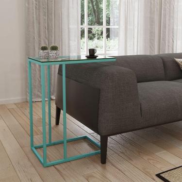 Imagem de Mesa Lateral Industrial Elena De Vidro Base Ferro Azul Turquesa - Preto