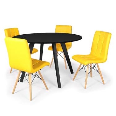 Imagem de Conjunto Mesa de Jantar Redonda Amanda Preta 120cm com 4 Cadeiras Eiffel Gomos - Amarelo