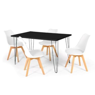 Imagem de Conjunto Mesa de Jantar Hairpin 130x80 Preta com 4 Cadeiras Eiffel Leda - Branco