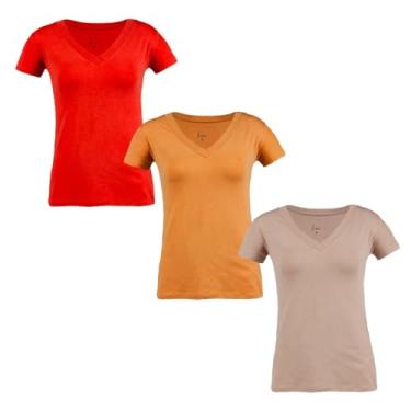 Imagem de Kit Camisetas Malha Gola V Nude, Vermelho e Mostarda G