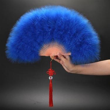 Imagem de Leque dobrável elegante ventilador dobrável de veludo completo leque de penas brancas coloridas nó chinês ventilador de mão fada menina dança decoração de festa de casamento acessórios decorativos feitos à mão (cor: 11)