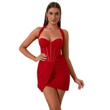 Imagem de Camisa Feminina Mesh Insert Draped Front Backless Bustier Halter Neck Corset Bodycon Dress (Color : Red, Size : XL)